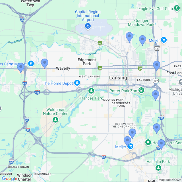 Map of veterinarians in Lansing, MI