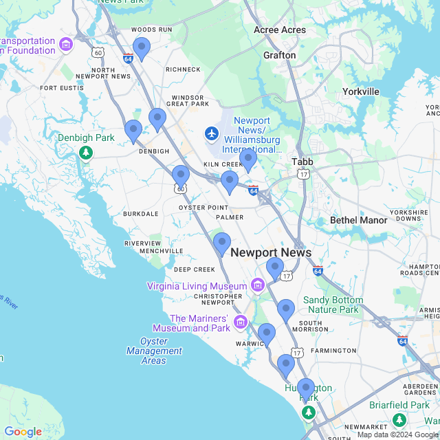 Map of veterinarians in Newport News, VA