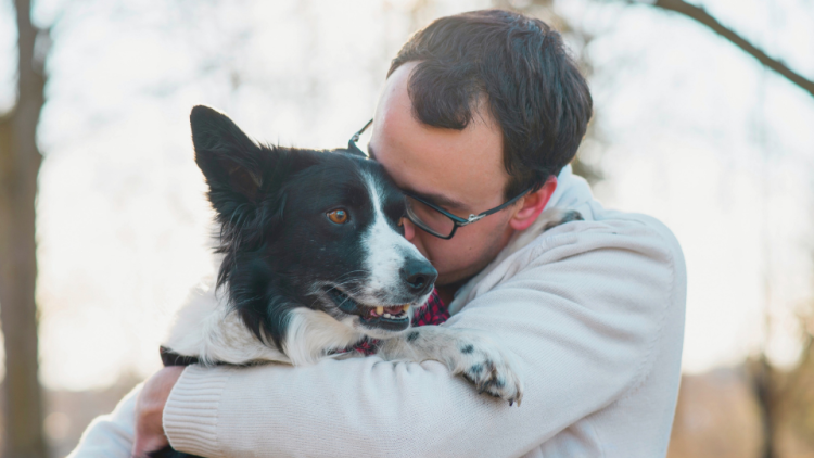 man hugging border collie dog